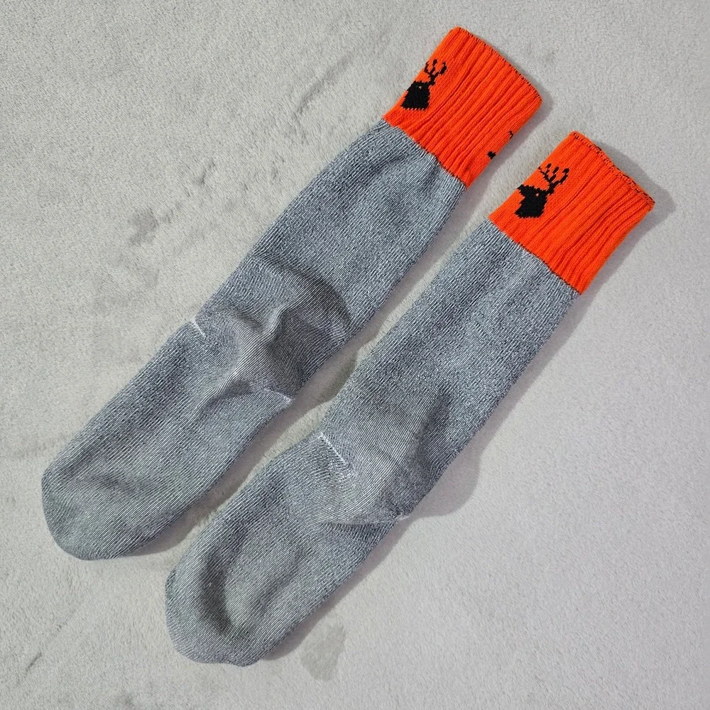 Hunting Boot Socks Mens Gray Marl Blaze Orange Deer Head Crew Length Vintage